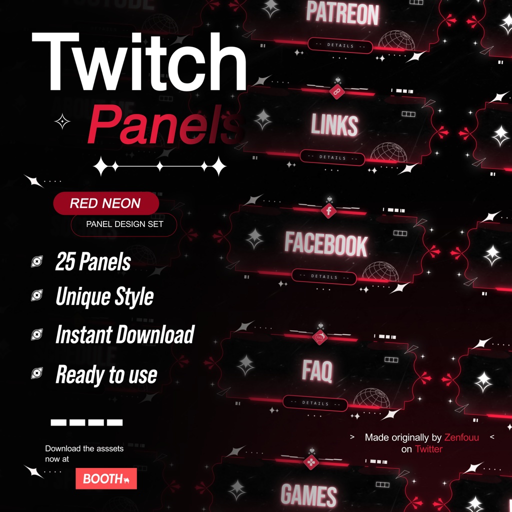 ▼ パネル「Vtuberパネルテンプレート」 Twitch Panels Red Neon Set (25pcs)