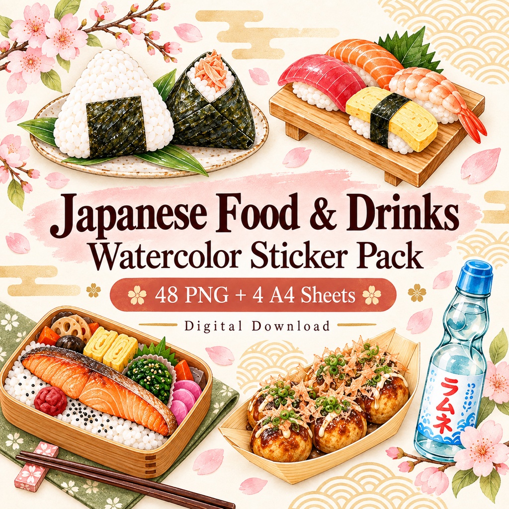 Japanese Food & Drinks Watercolor Sticker Pack | 48 PNG + 4 Printable A4 Sheets