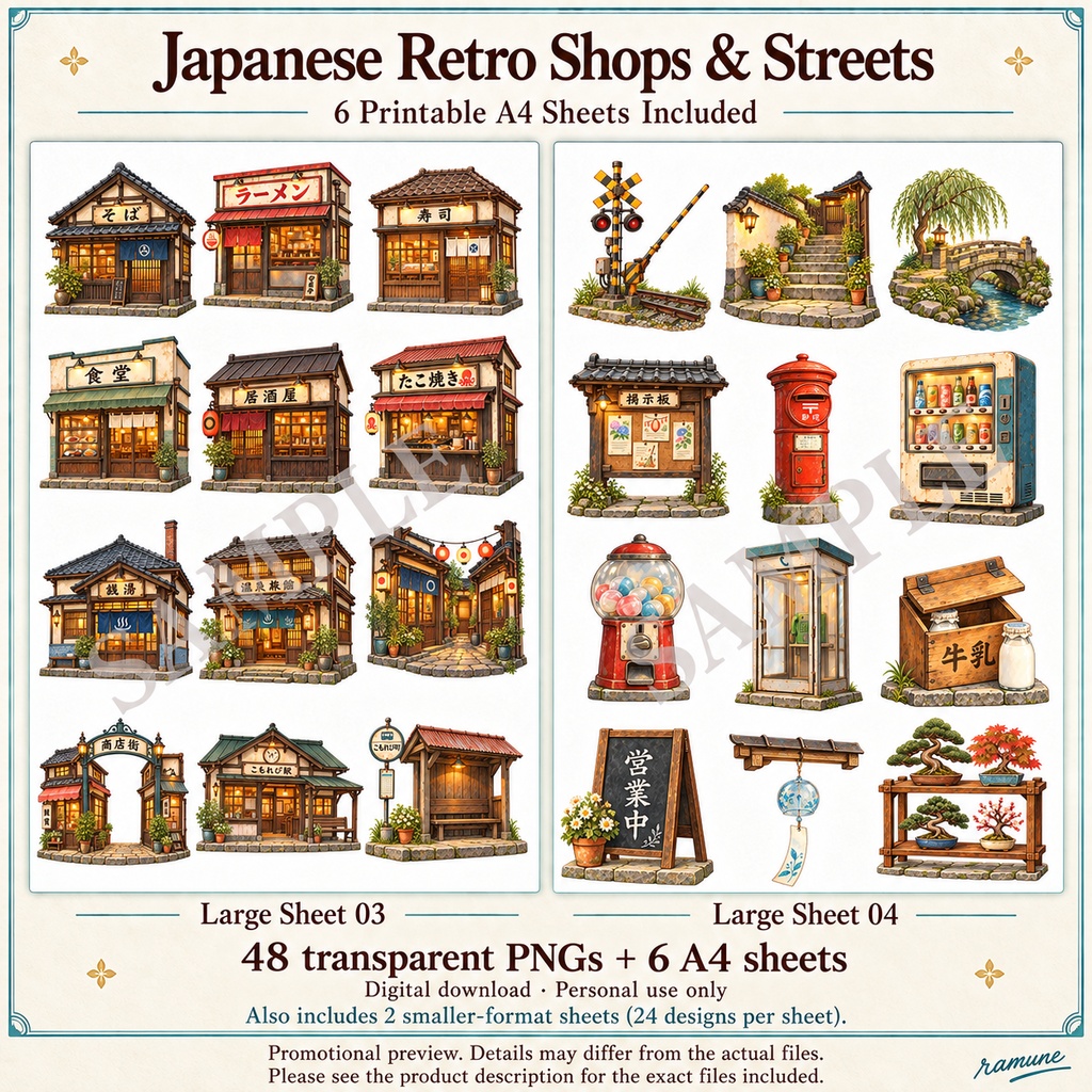 Japanese Retro Shops & Streets Watercolor Sticker Pack | 48 PNG + 6 Printable A4 Sheets