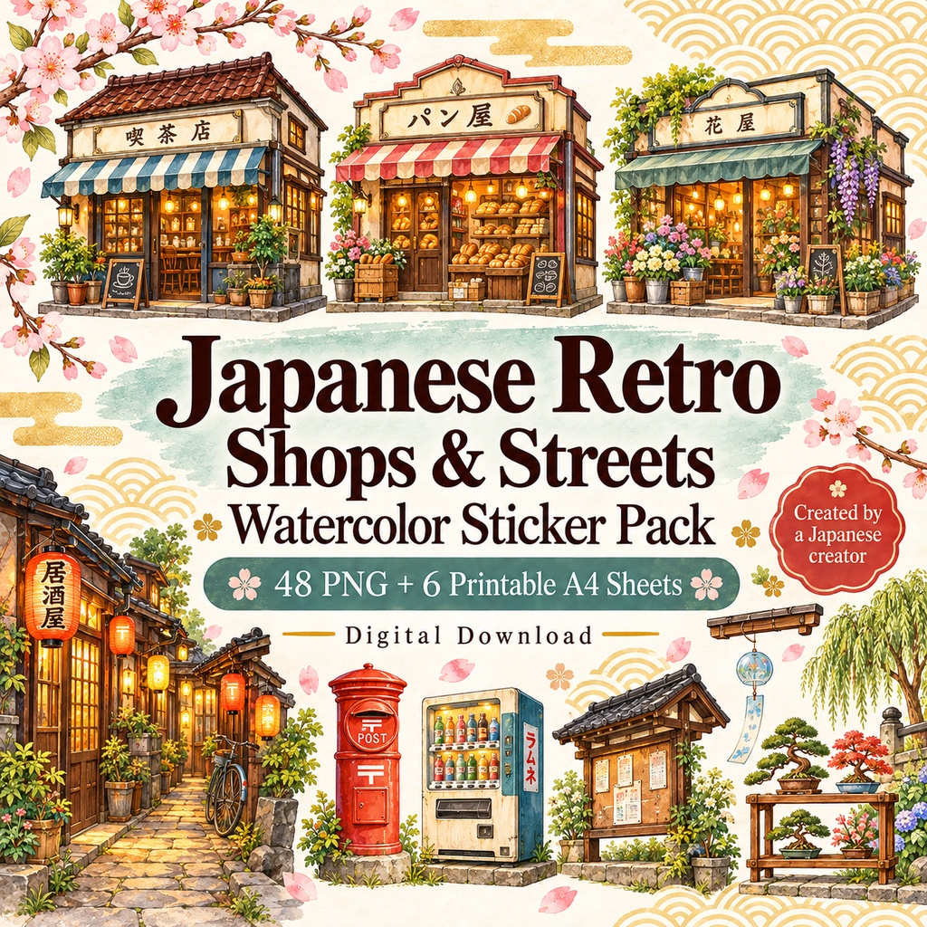 Japanese Retro Shops & Streets Watercolor Sticker Pack | 48 PNG + 6 Printable A4 Sheets