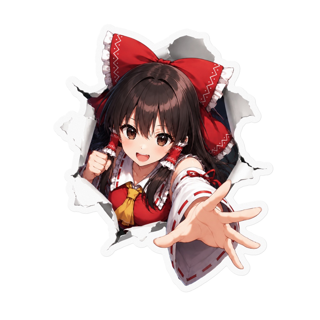 飛び出す霊夢ステッカー｜破れた壁から飛び出す風・東方Project二次創作