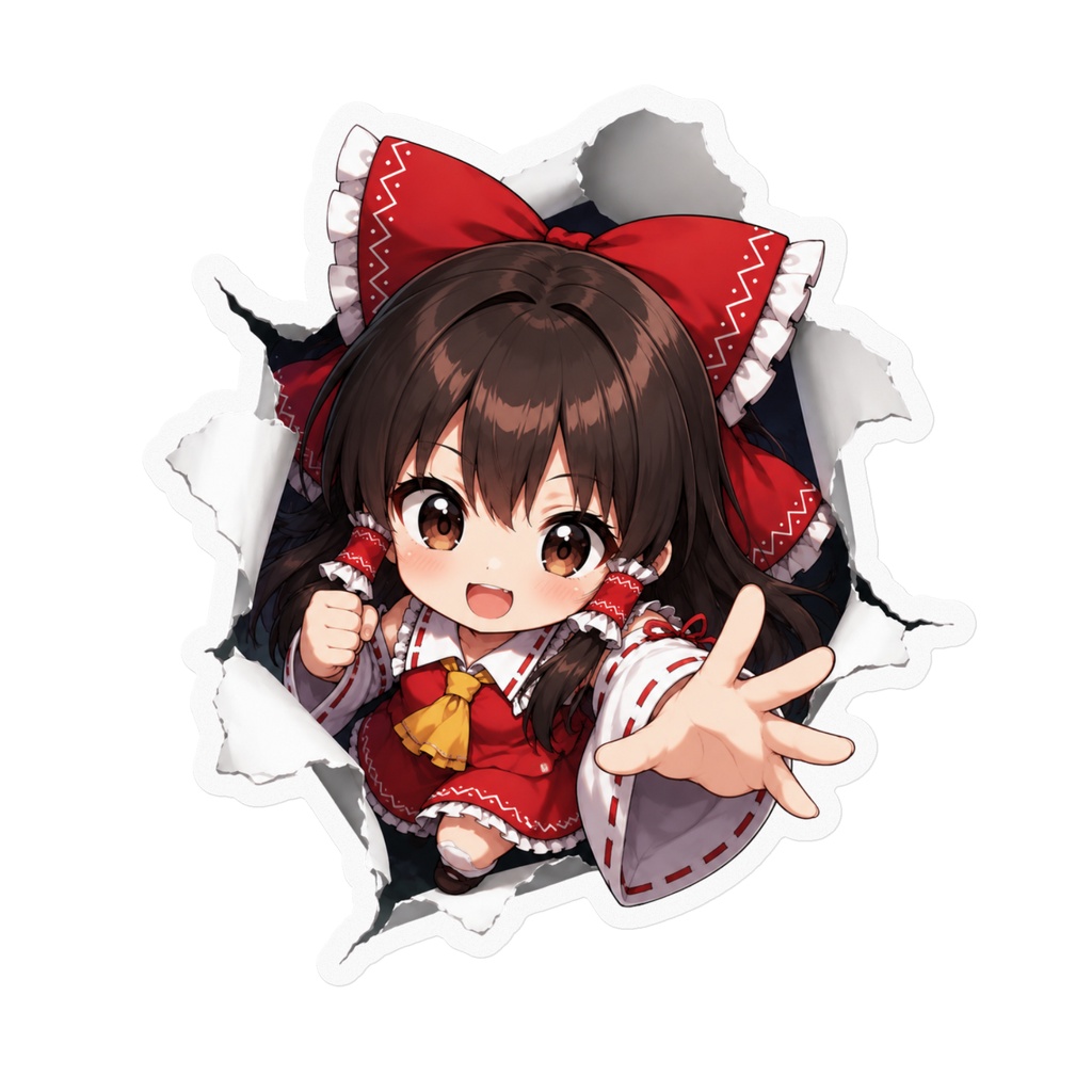 飛び出す霊夢ステッカー｜破れた壁から飛び出す風・東方Project二次創作