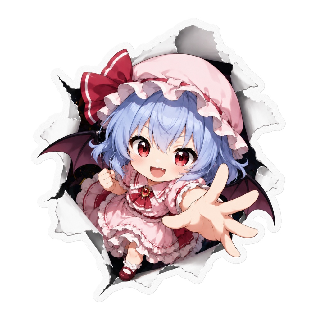 飛び出すレミリア・スカーレットステッカー｜破れた壁から飛び出す風・東方Project二次創作