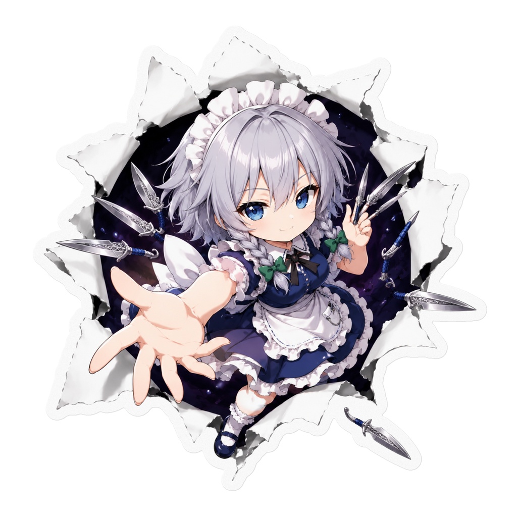 飛び出す十六夜咲夜ステッカー|破れた壁から飛び出す風・東方Project二次創作