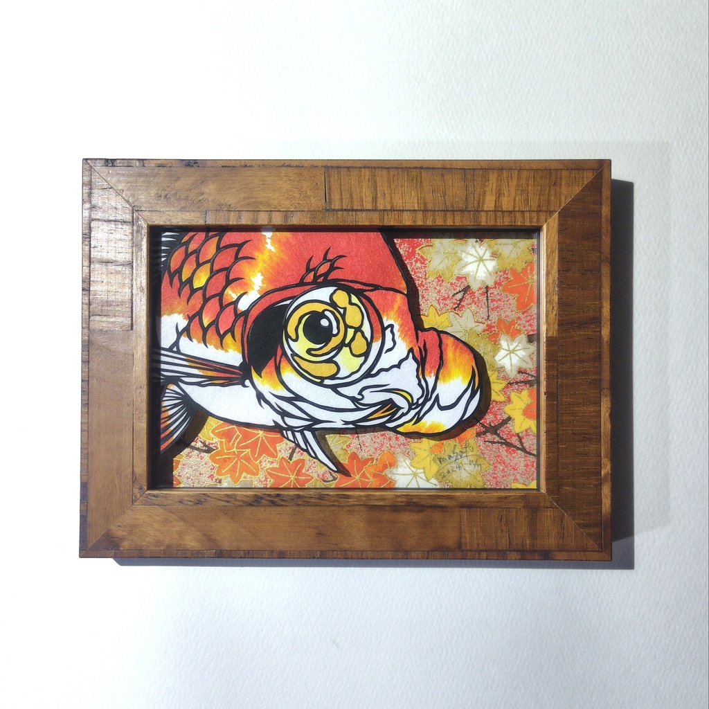 【切り絵原画】更紗出目金　ミニ額