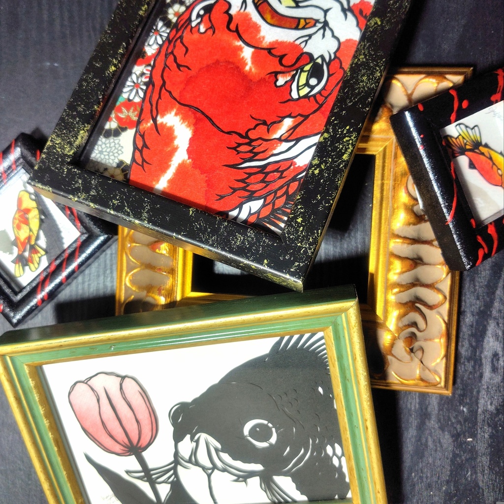 【切り絵原画】チューリップと玉サバ ミニ額