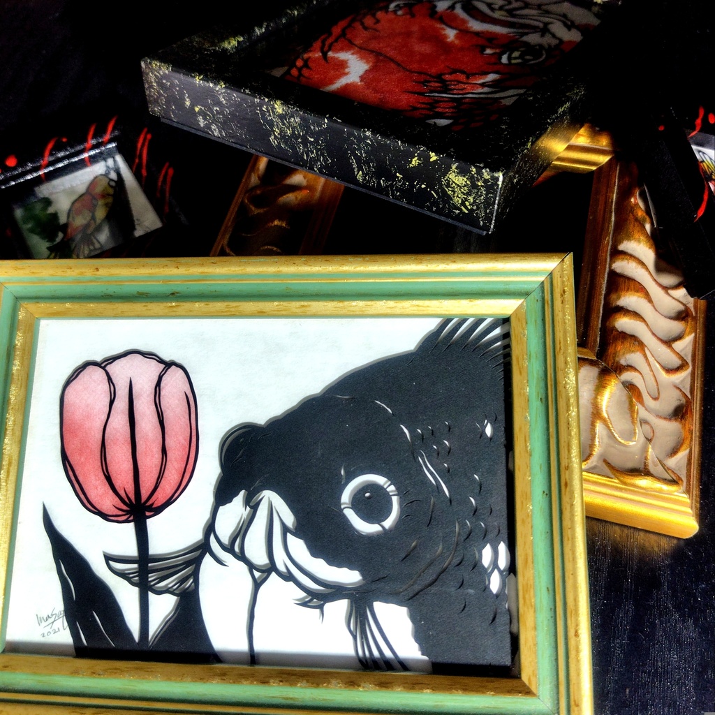 【切り絵原画】チューリップと玉サバ ミニ額