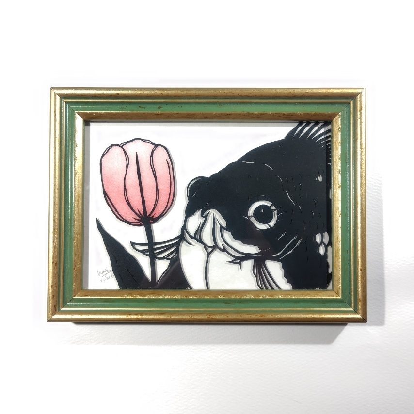 【切り絵原画】チューリップと玉サバ　ミニ額