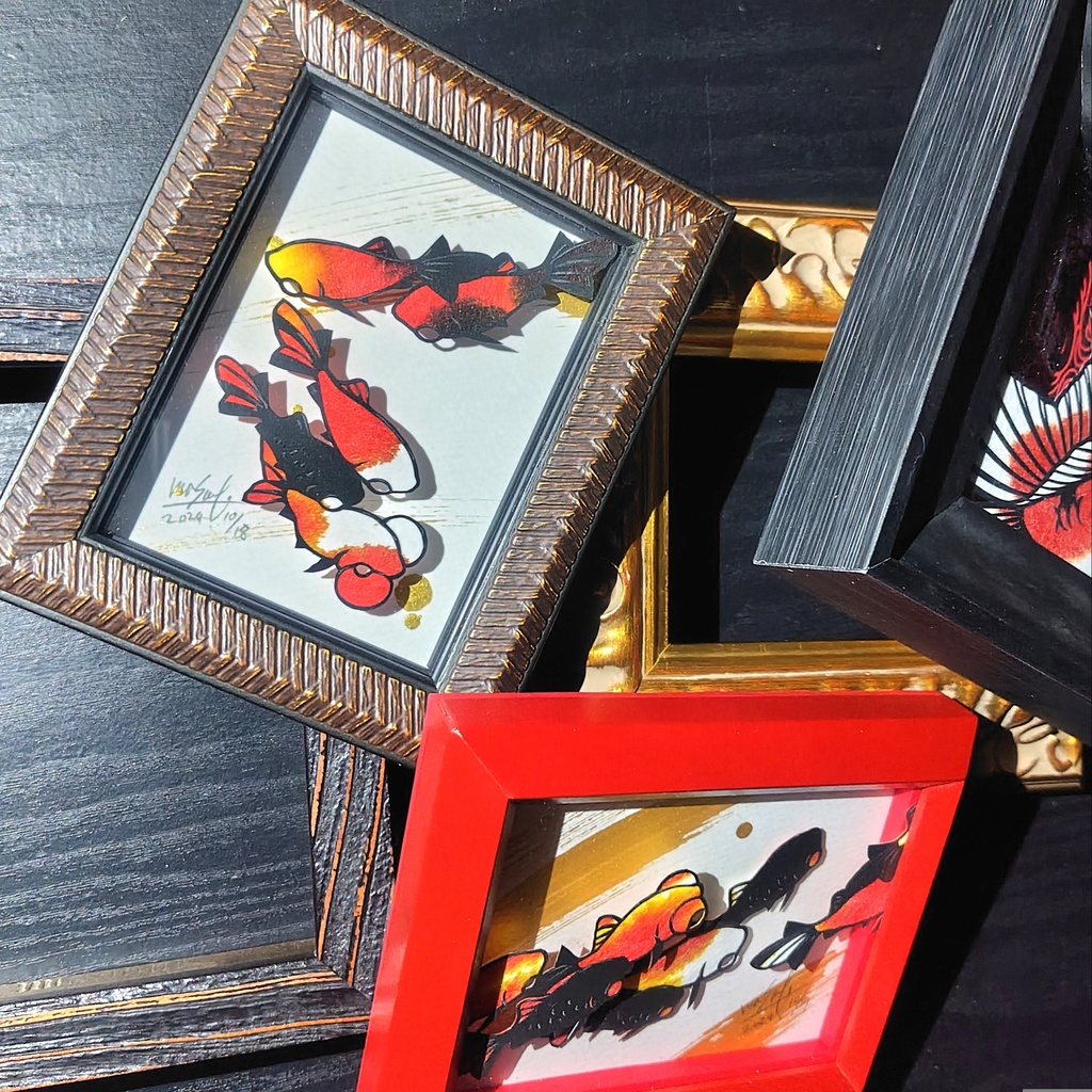 【切り絵原画】赤い金魚 ミニ額