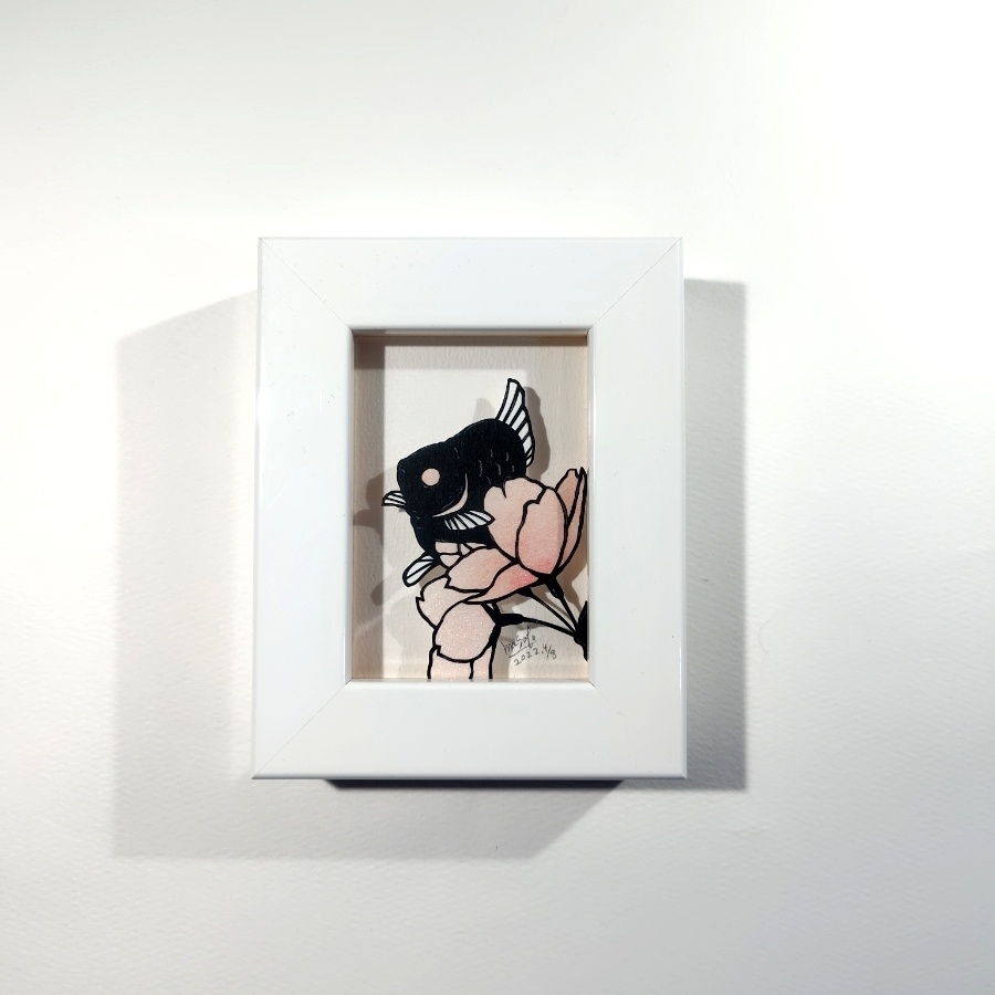 【切り絵原画】桜と琉金　ミニ額