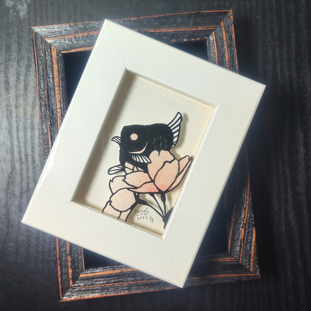 【切り絵原画】桜と琉金 ミニ額
