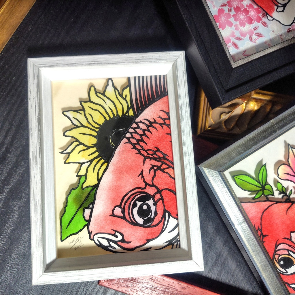 【切り絵原画】琉金と向日葵 ミニ額