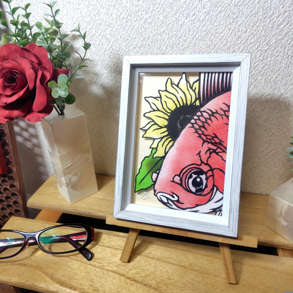 【切り絵原画】琉金と向日葵 ミニ額