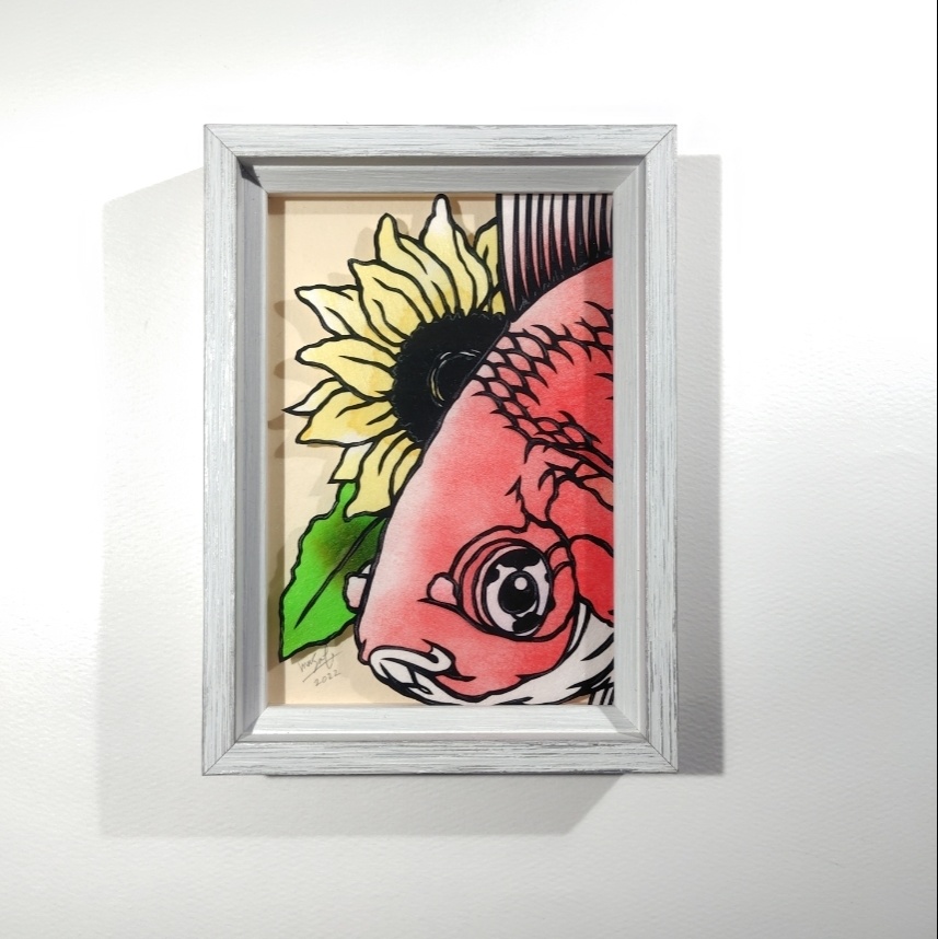 【切り絵原画】琉金と向日葵　ミニ額