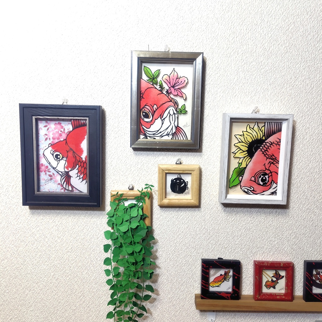 【切り絵原画】琉金と向日葵 ミニ額