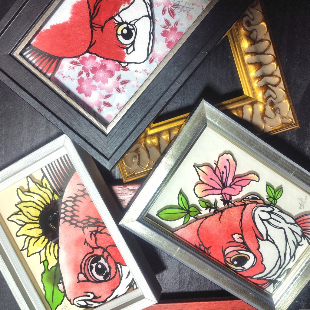 【切り絵原画】琉金と向日葵 ミニ額