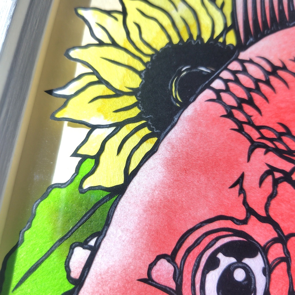 【切り絵原画】琉金と向日葵 ミニ額