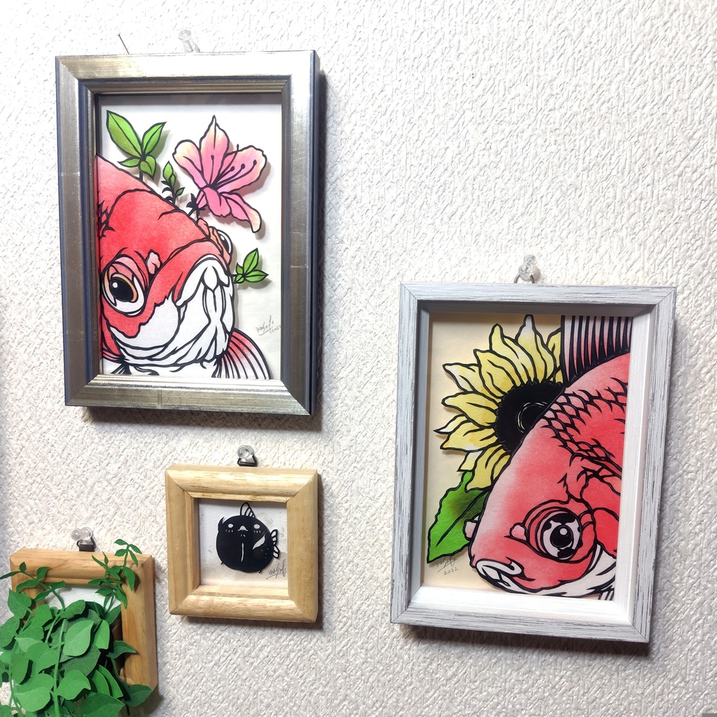 【切り絵原画】琉金と向日葵 ミニ額