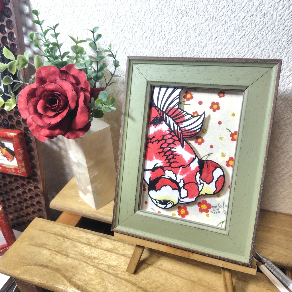 【切り絵原画】更紗出目金 ミニ額