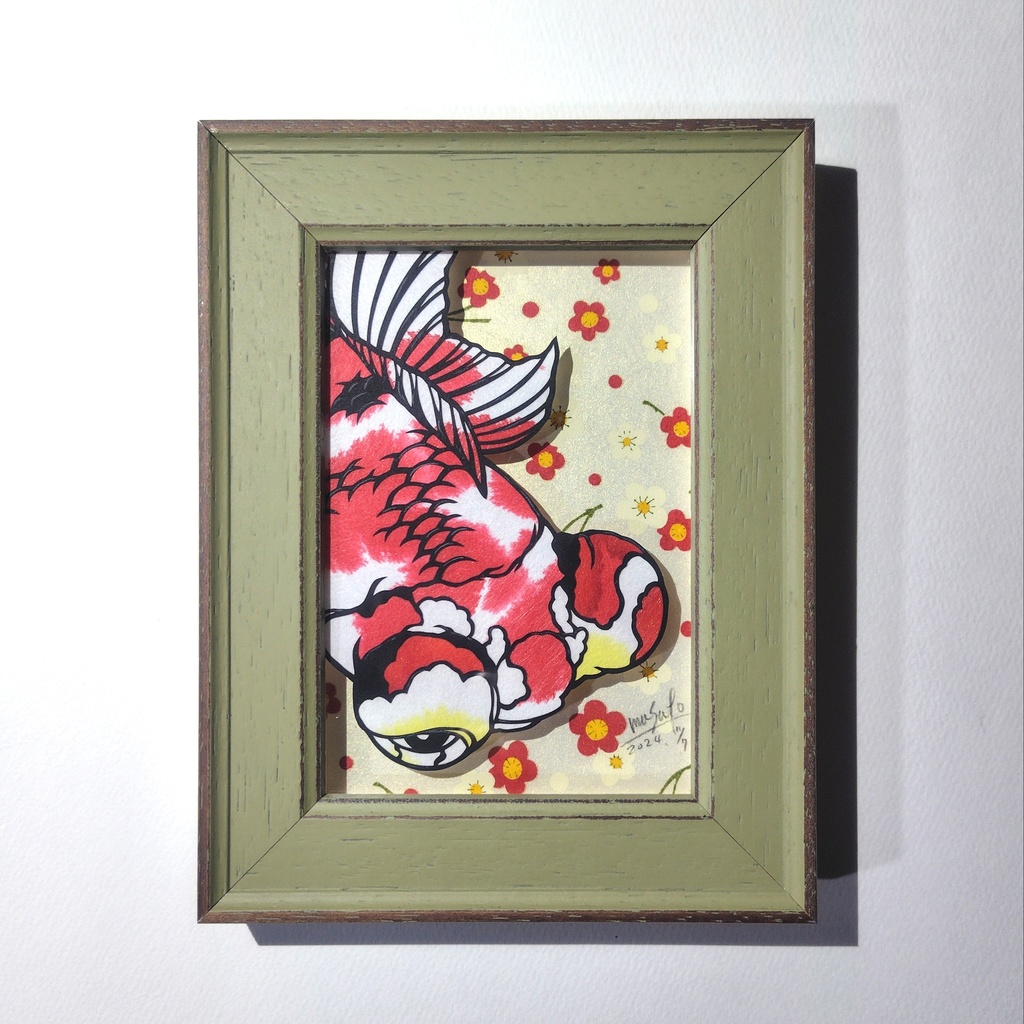 【切り絵原画】更紗出目金　ミニ額