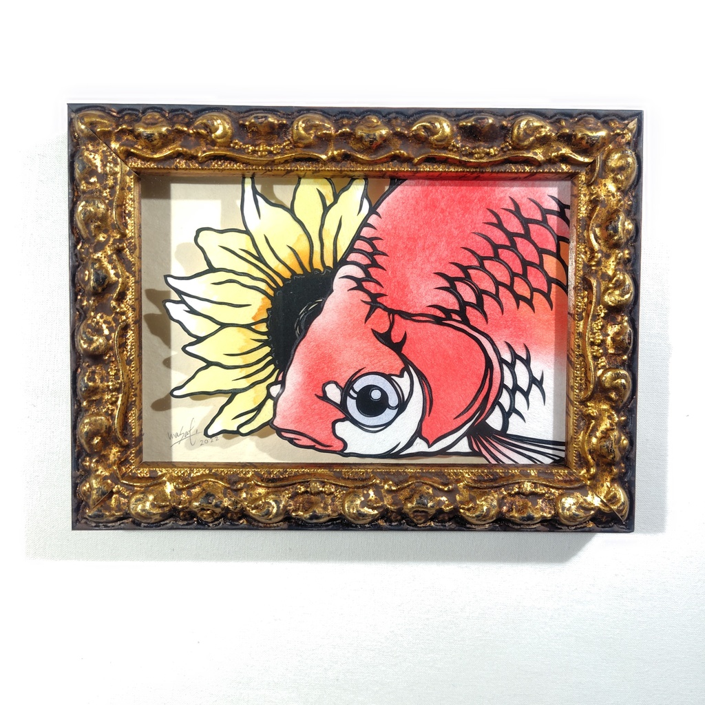 【切り絵原画】琉金と向日葵　ミニ額