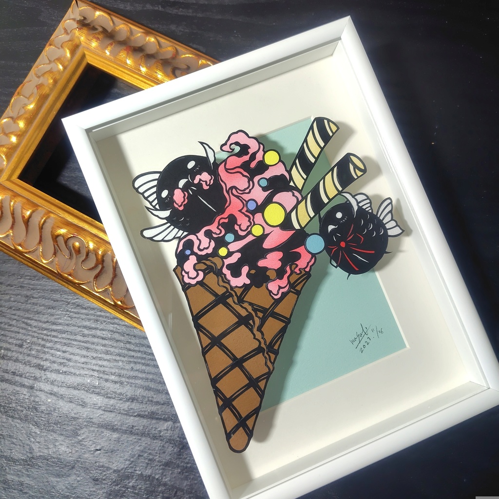 【切り絵原画】ピンクのソフトクリーム ミニ額