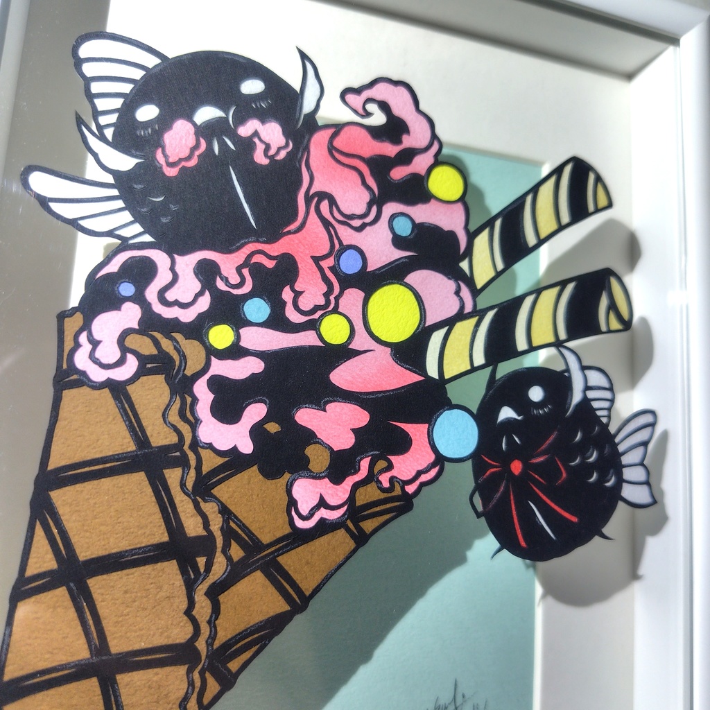 【切り絵原画】ピンクのソフトクリーム ミニ額