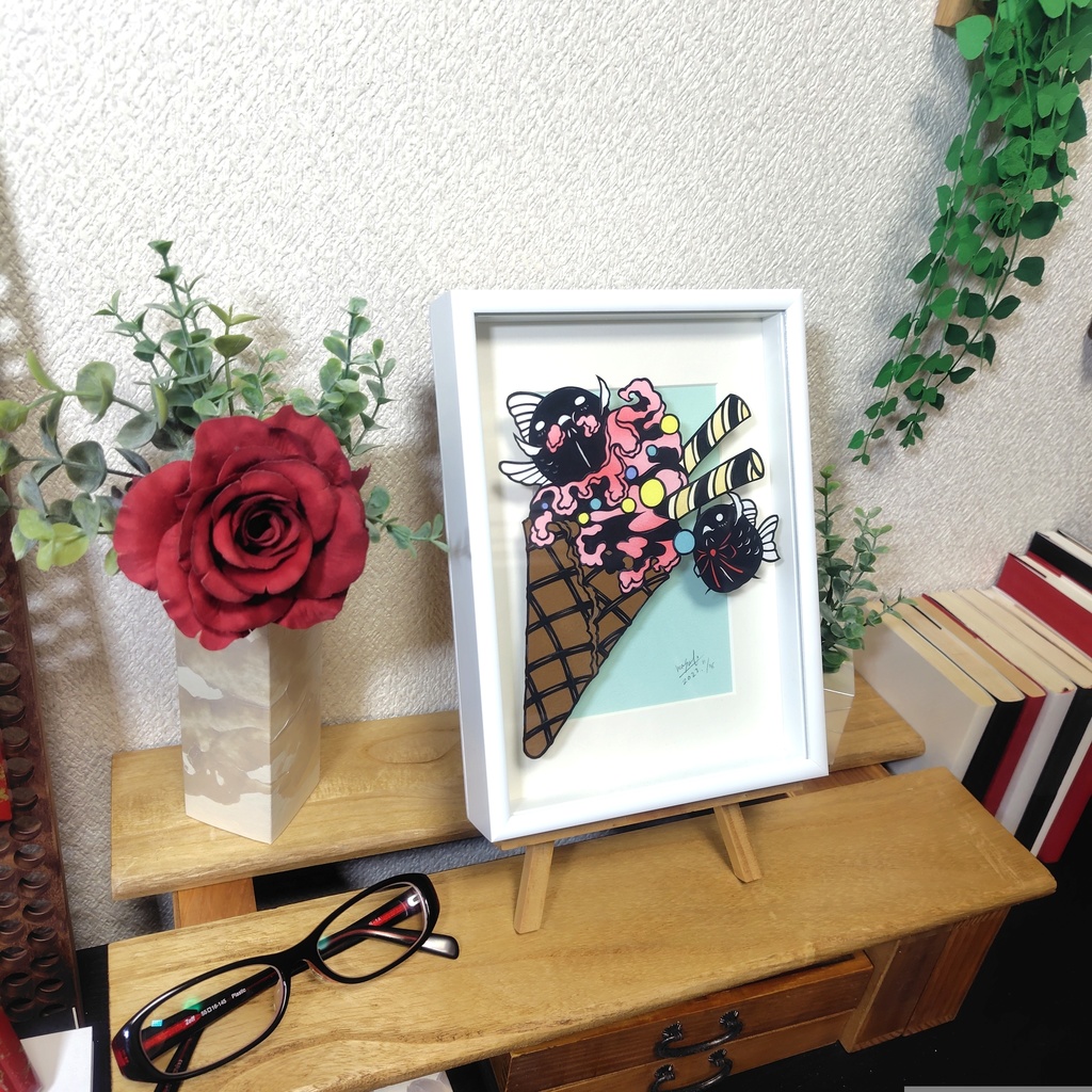 【切り絵原画】ピンクのソフトクリーム ミニ額