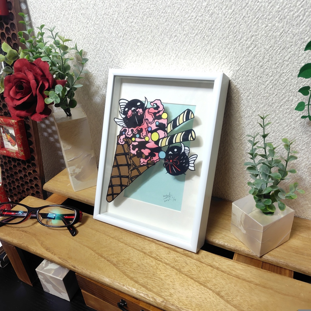 【切り絵原画】ピンクのソフトクリーム ミニ額