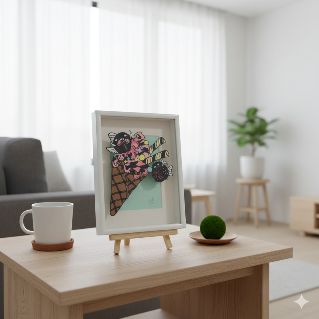 【切り絵原画】ピンクのソフトクリーム ミニ額