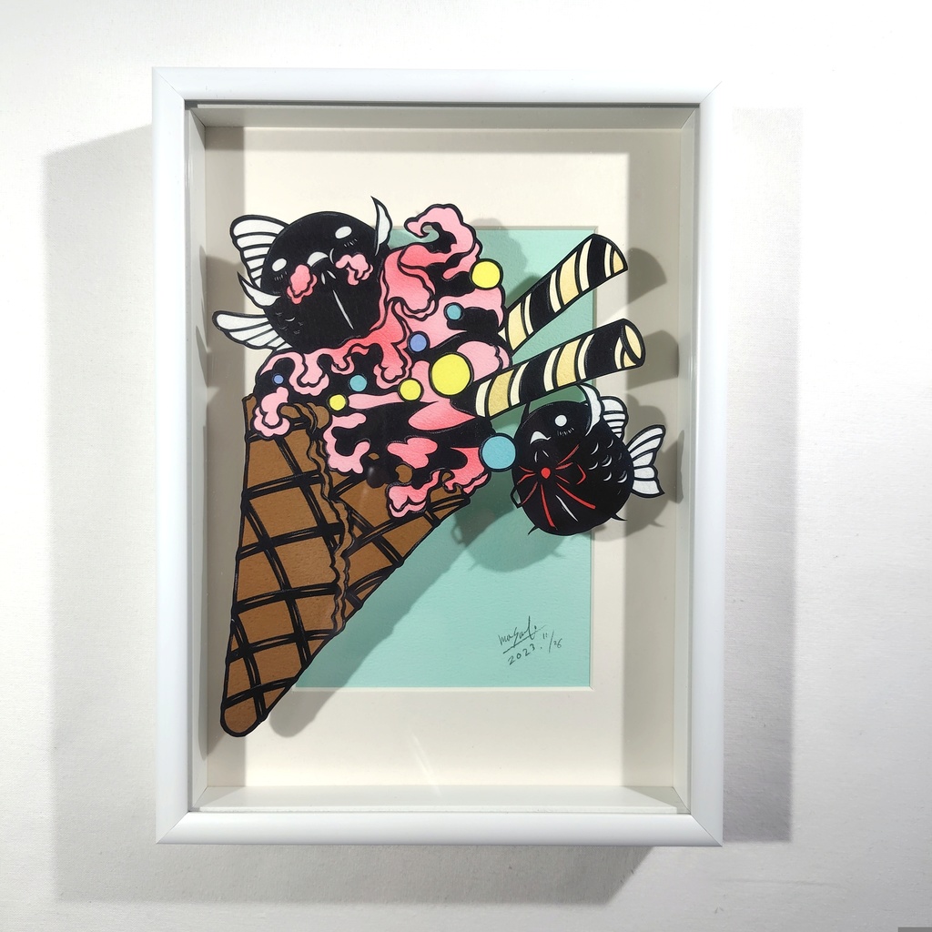 【切り絵原画】ピンクのソフトクリーム　ミニ額