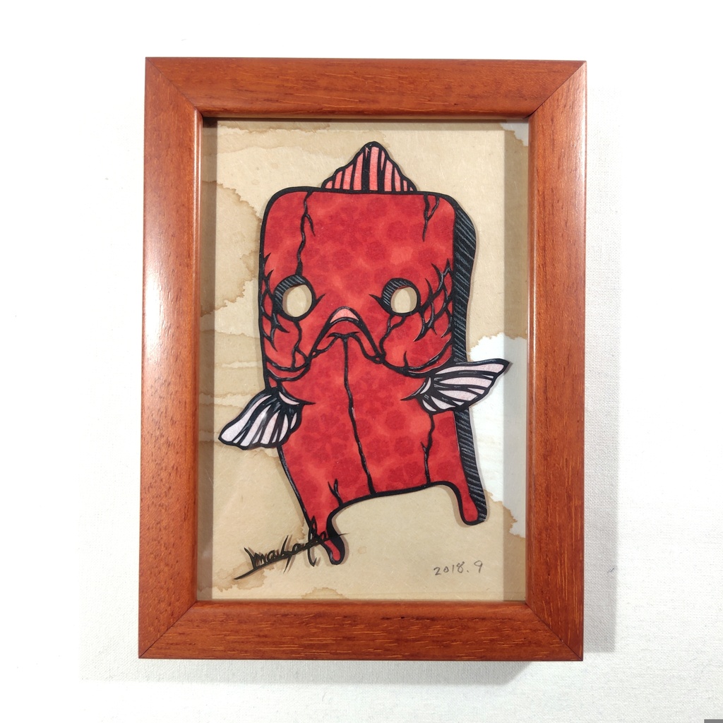 【金魚切り絵】金魚妖怪:塗り壁 赤壁 ミニ額