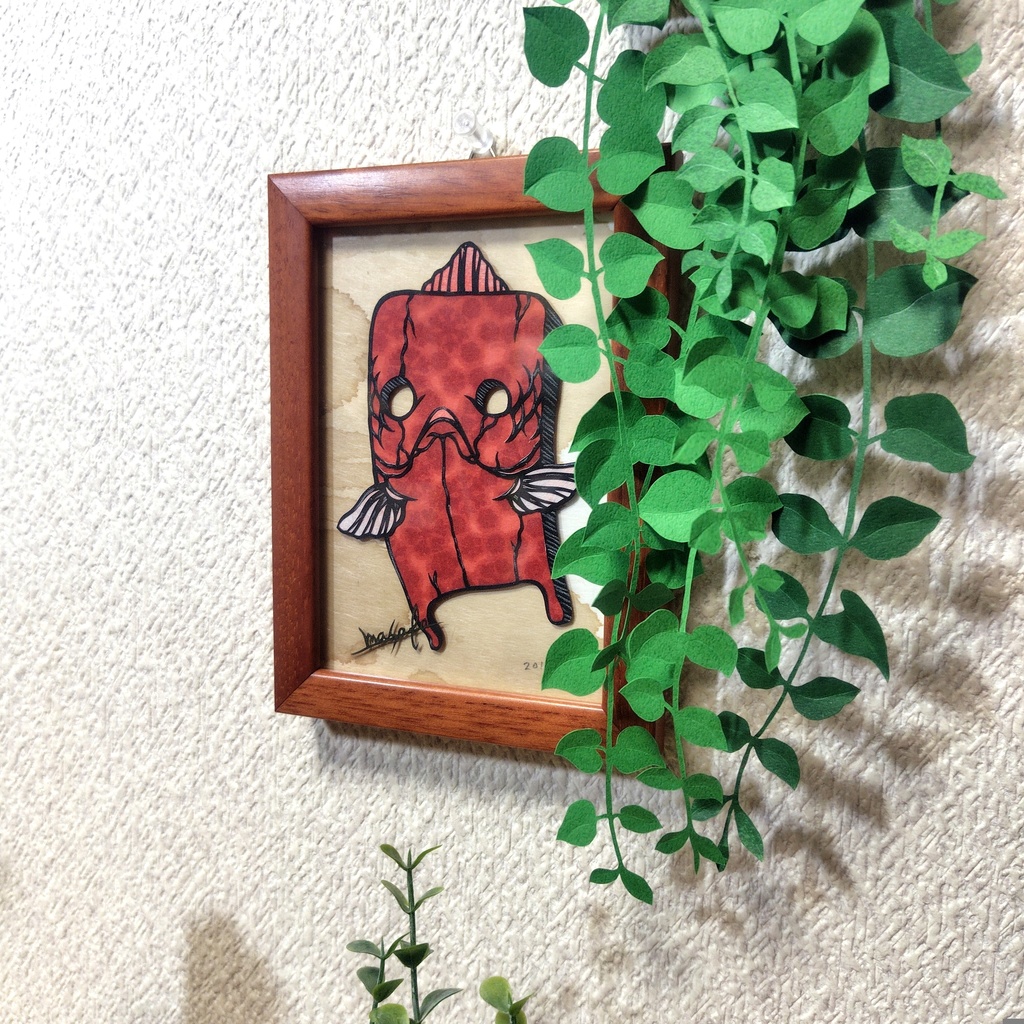 【金魚切り絵】金魚妖怪:塗り壁 赤壁 ミニ額