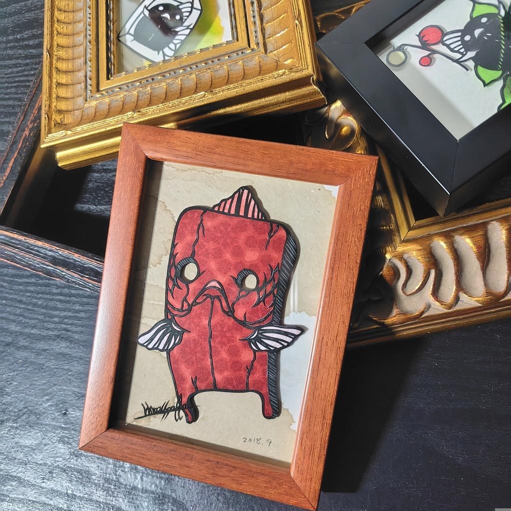 【金魚切り絵】金魚妖怪:塗り壁 赤壁 ミニ額