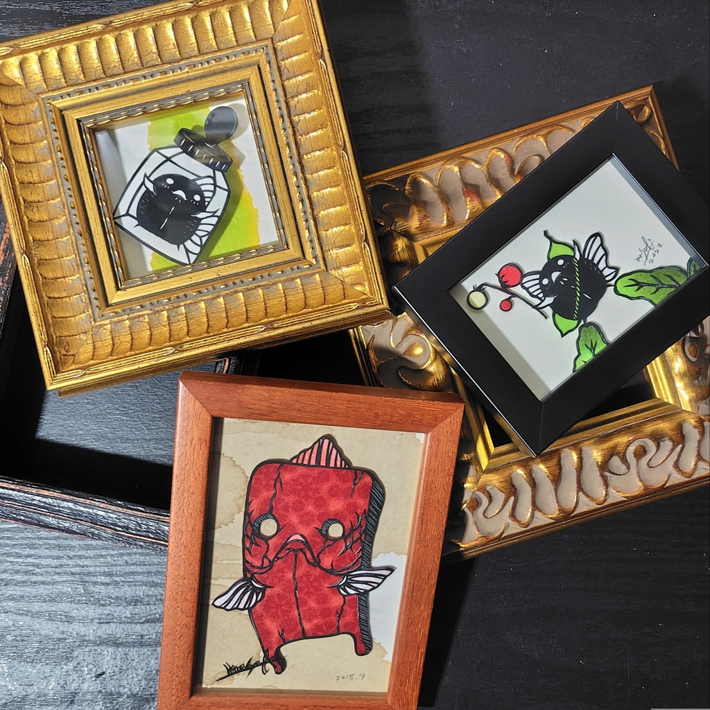 【金魚切り絵】金魚妖怪:塗り壁 赤壁 ミニ額