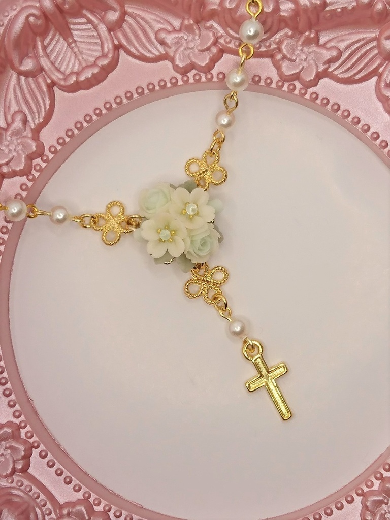 桜とバラのブーケミニロザリオネックレス