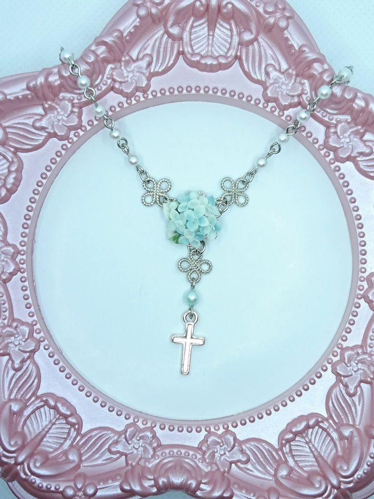 EB2【BOOTH限定】水色の紫陽花ブーケミニロザリオネックレス
