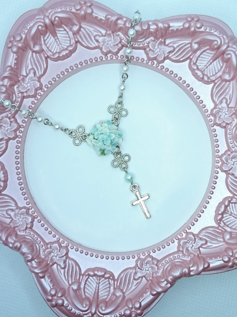 EB2【BOOTH限定】水色の紫陽花ブーケミニロザリオネックレス