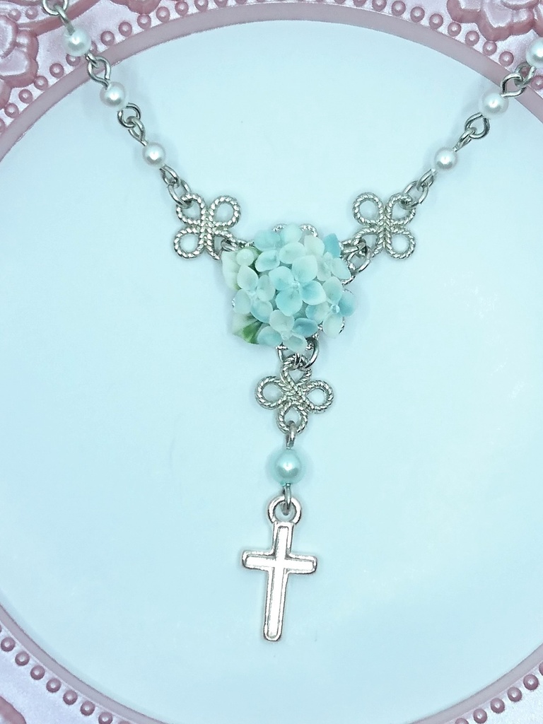 EB2【BOOTH限定】水色の紫陽花ブーケミニロザリオネックレス