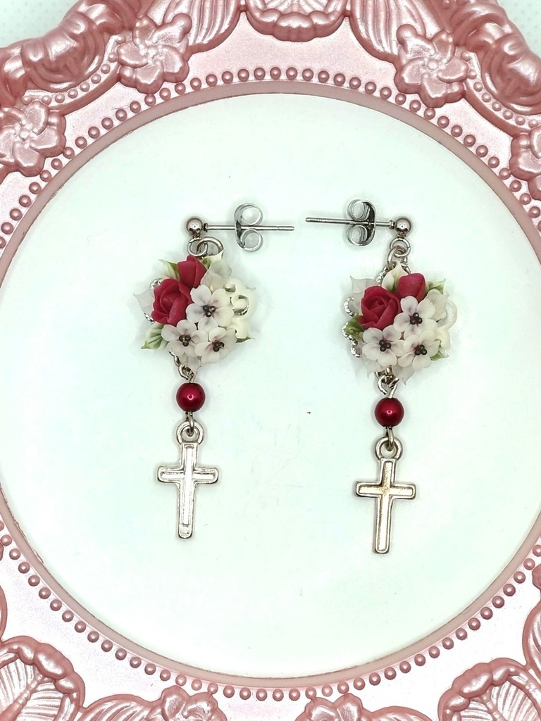 240 桜と赤いバラのブーケピアス(サージカルステンレス)パーツ変更可