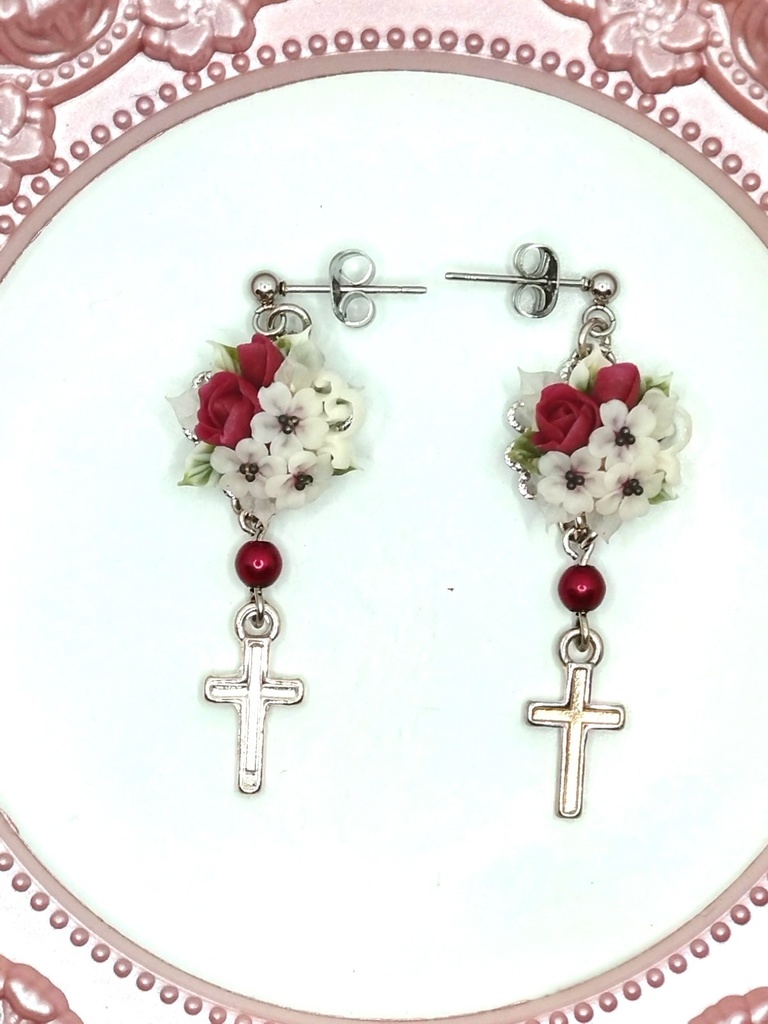 240 桜と赤いバラのブーケピアス(サージカルステンレス)パーツ変更可