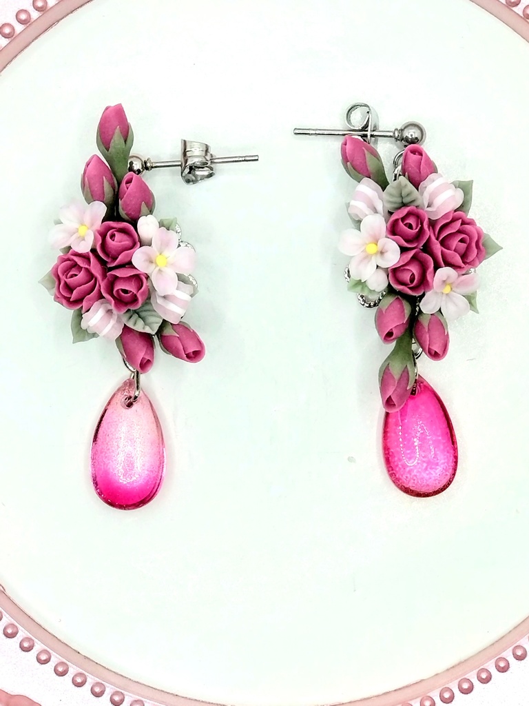 414 バラのクレッセントブーケピアス(ショート)