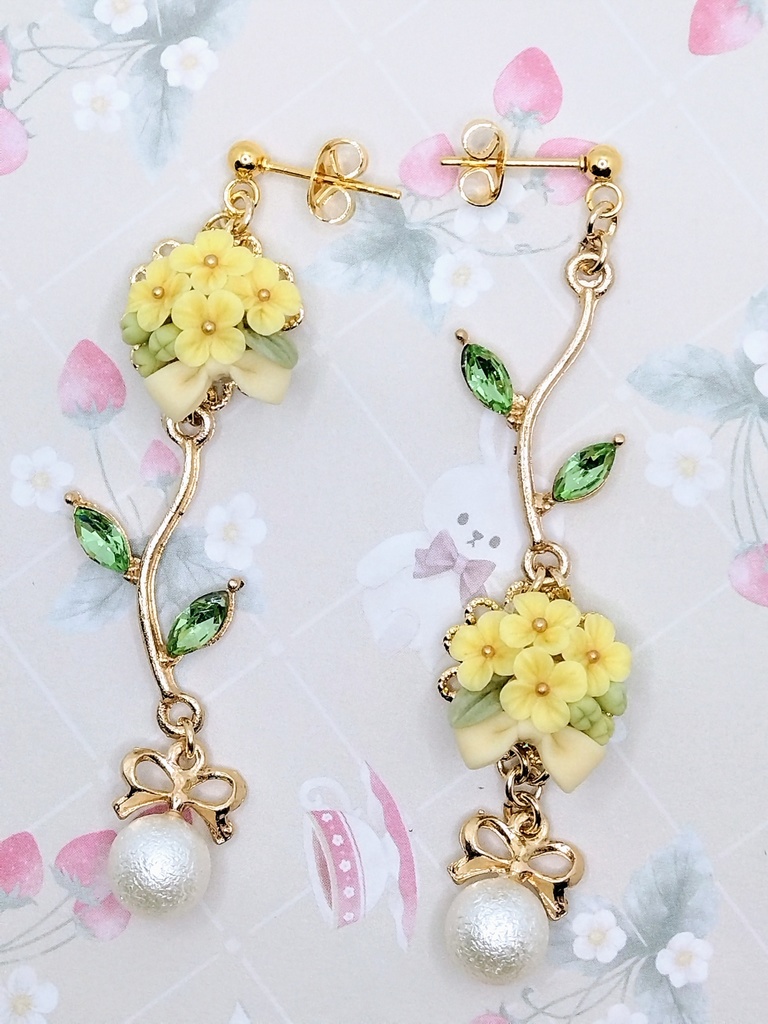 523 菜の花とリボンブーケピアス