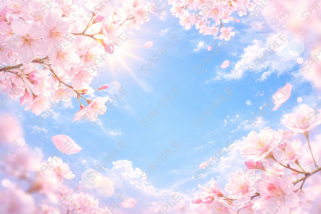 ふわふわ桜と青空の春背景素材｜花びら舞うパステル空｜サムネ・配信・ブログ背景