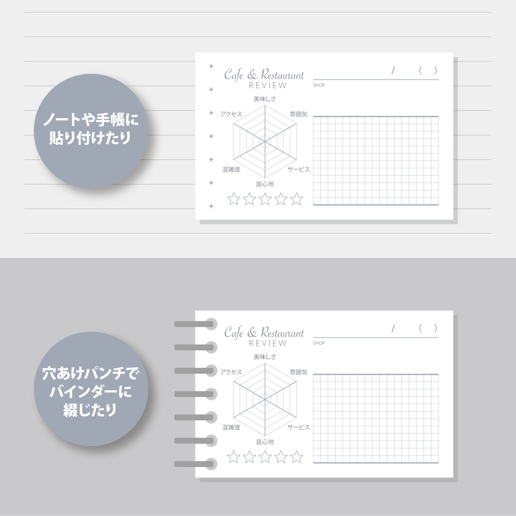 六角形のレーダーチャートでお気に入りのお店を記録するテンプレート。