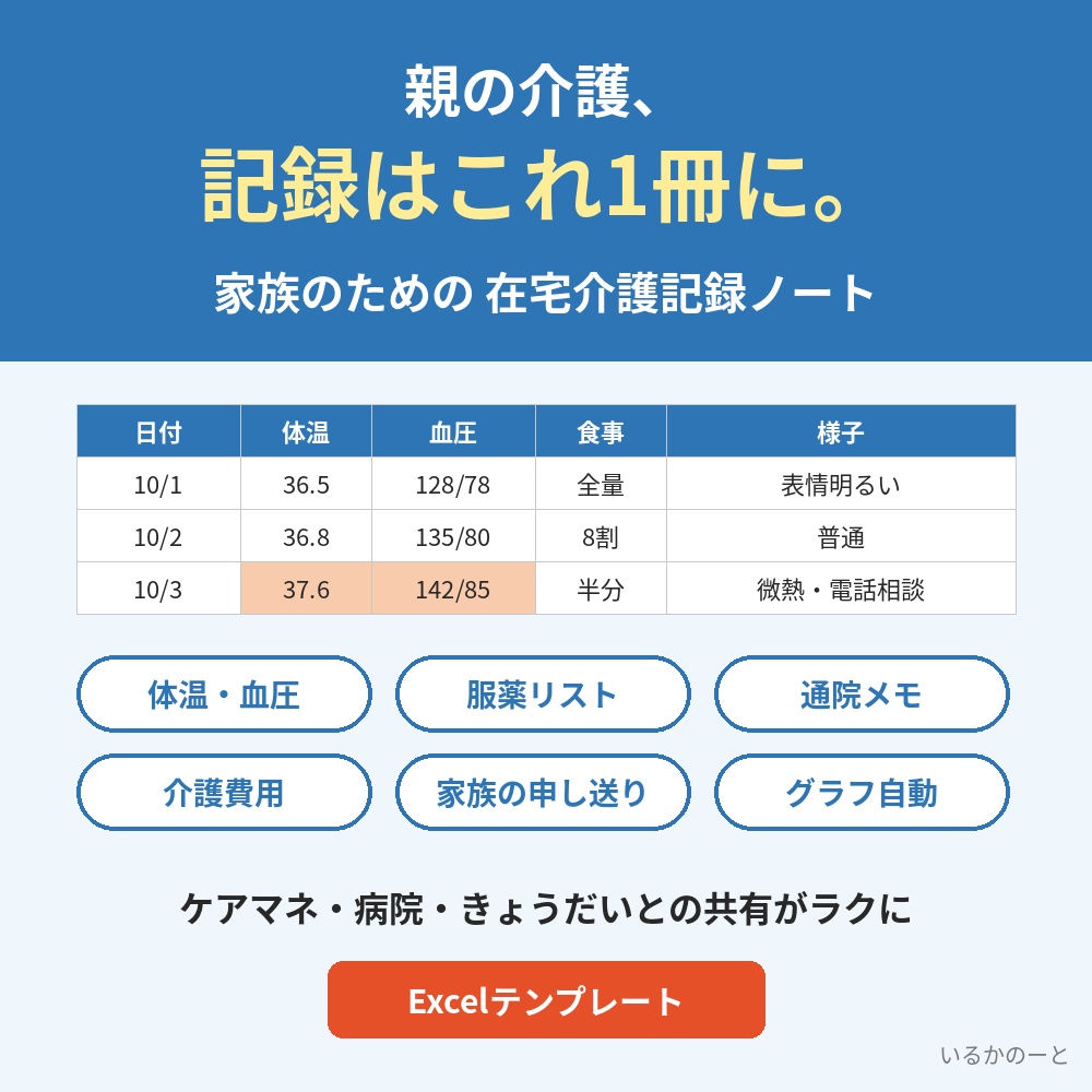 家族の在宅介護記録ノート(Excelテンプレート)