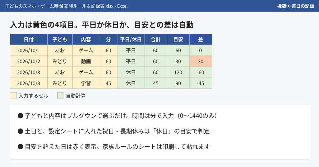 子どものスマホ・ゲーム時間 家族ルール&記録表(Excelテンプレート)