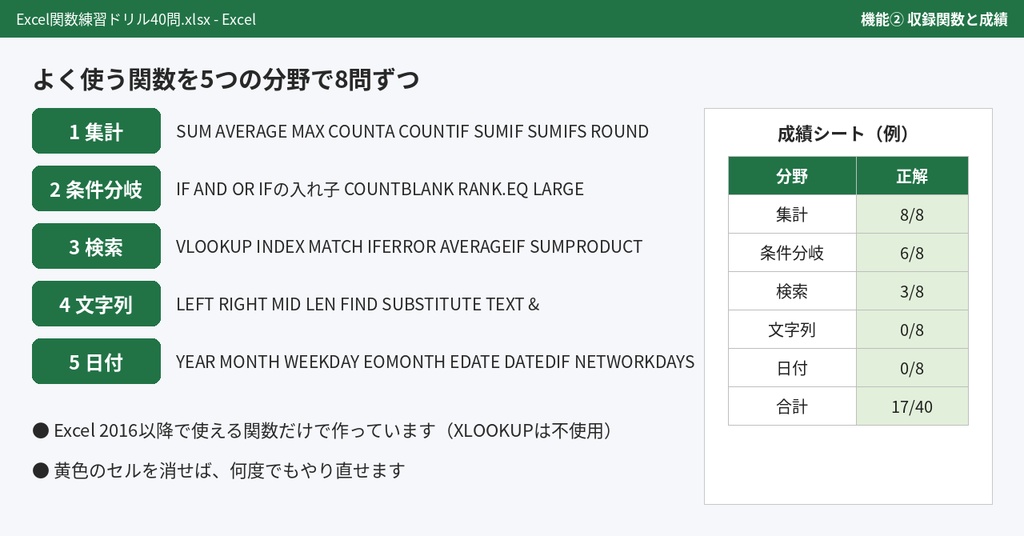 Excel関数 練習ドリル40問(自動で答え合わせ)