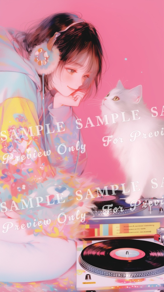 【猫と少女帖】猫とレコード ― 花びらの静寂｜スマホサイズ5枚セット