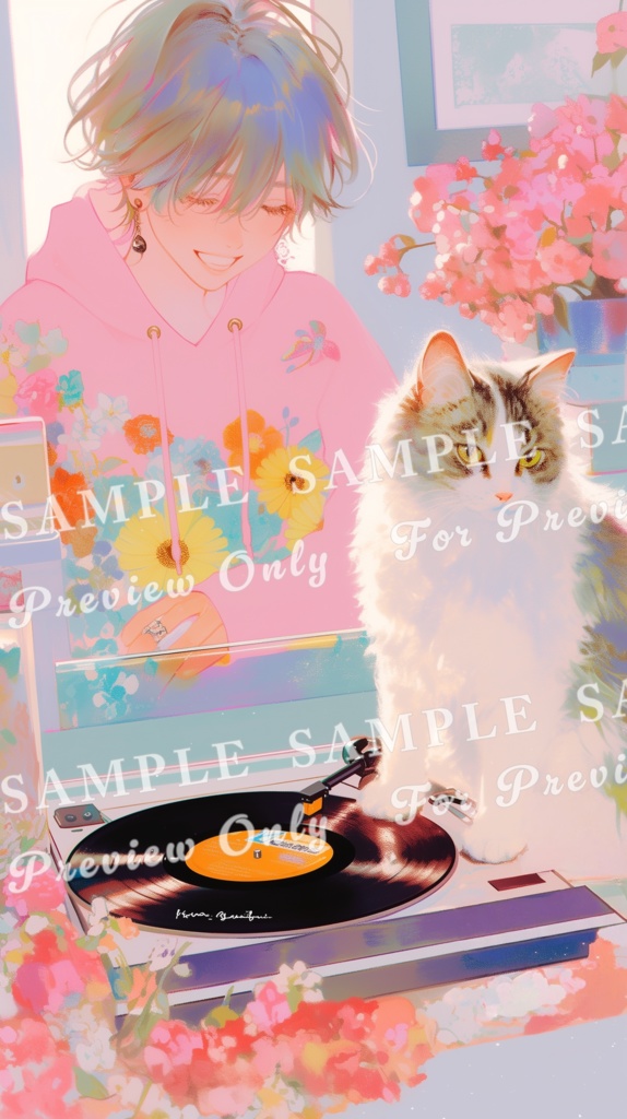 【猫と少女帖】猫とレコード ― 花びらの静寂|スマホサイズ5枚セット